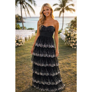 Vintage Masquerade Maxi Prom Dress Black Sequin Tiered Formal Quinceanera Glam